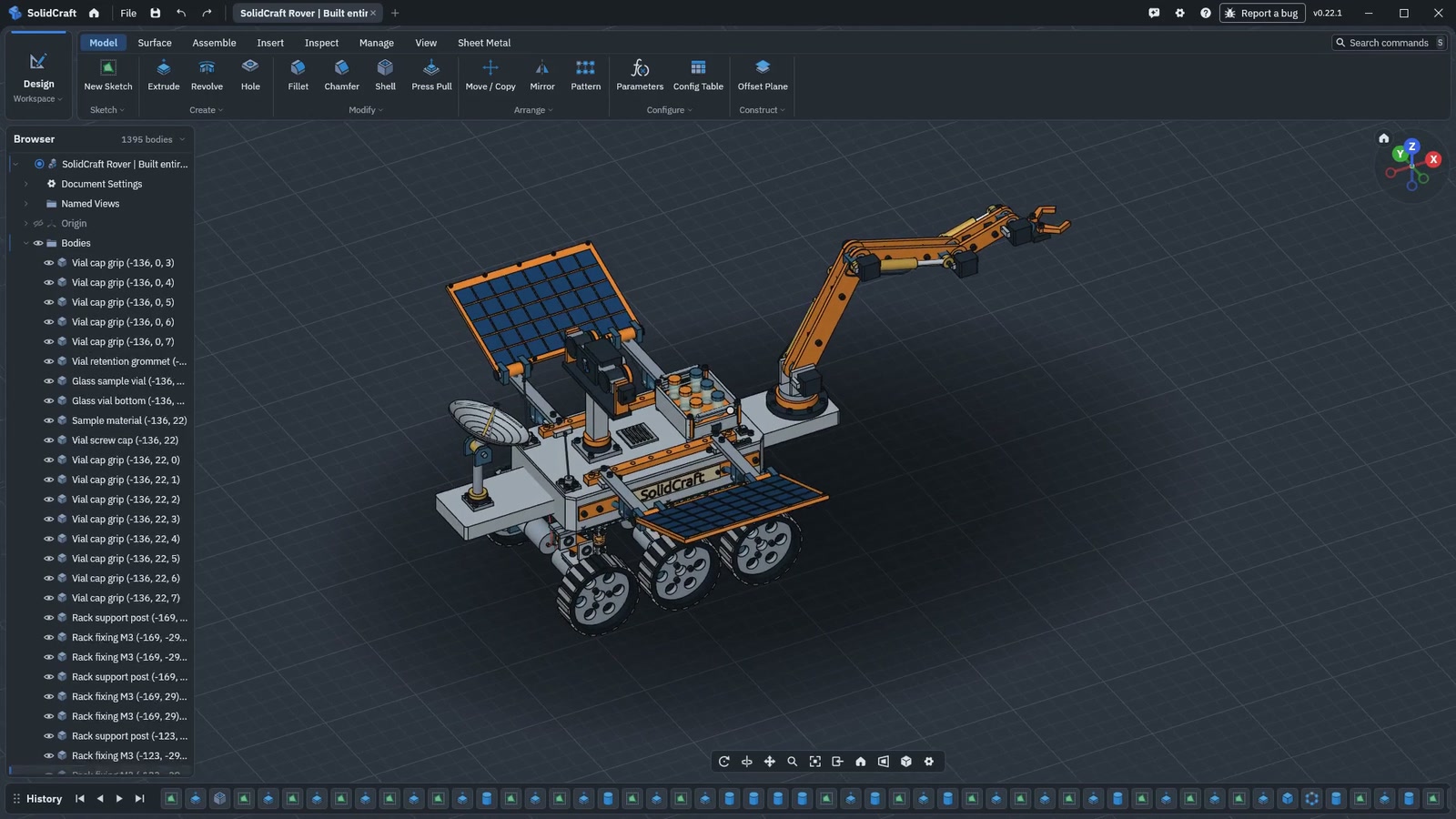The SELENE scientific rover assembly in the SolidCraft editor